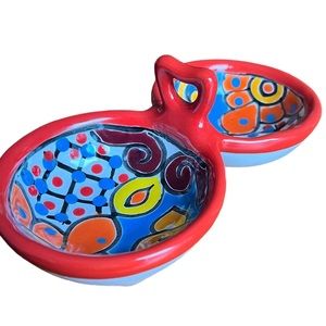 Talavera Pottery Molcajrte Double Salsa Bowl with Handle Ring Catch